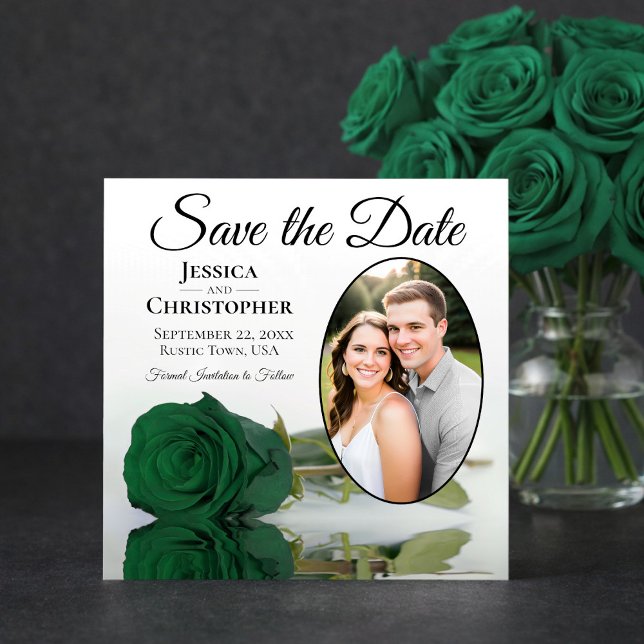 Elegant Emerald Green Rose with Oval Photo Wedding Save The Date (Creator Uploaded)