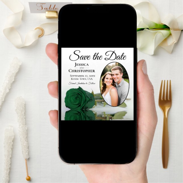 Elegant Emerald Green Rose with Oval Photo Wedding Save The Date (Front Digital)