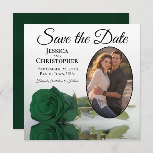 Elegant Emerald Green Rose with Oval Photo Wedding Save The Date