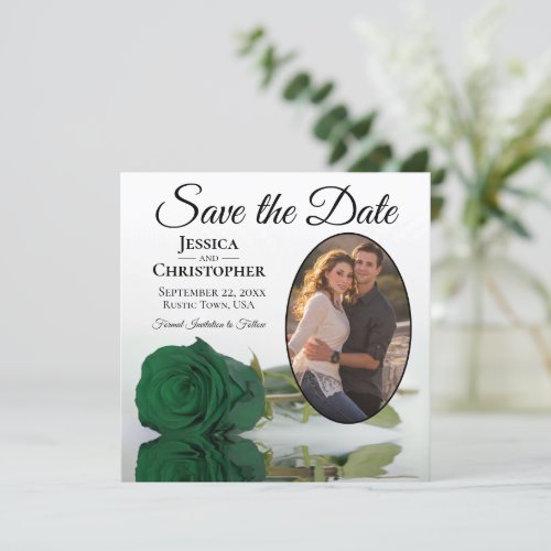 Elegant Emerald Green Rose with Oval Photo Wedding Save The Date