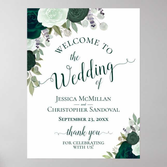 Elegant Emerald Green Roses Boho Wedding Welcome Poster (Front)