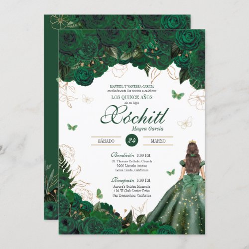 Elegant Emerald Green Roses Butterfly Quinceaera Invitation