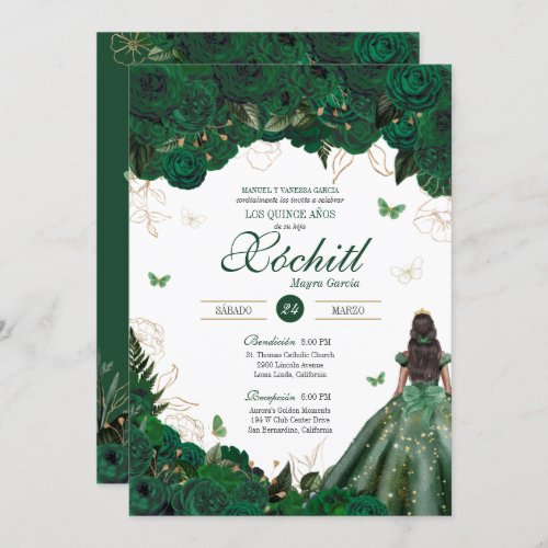 Elegant Emerald Green Roses Butterfly Quinceaera  Invitation