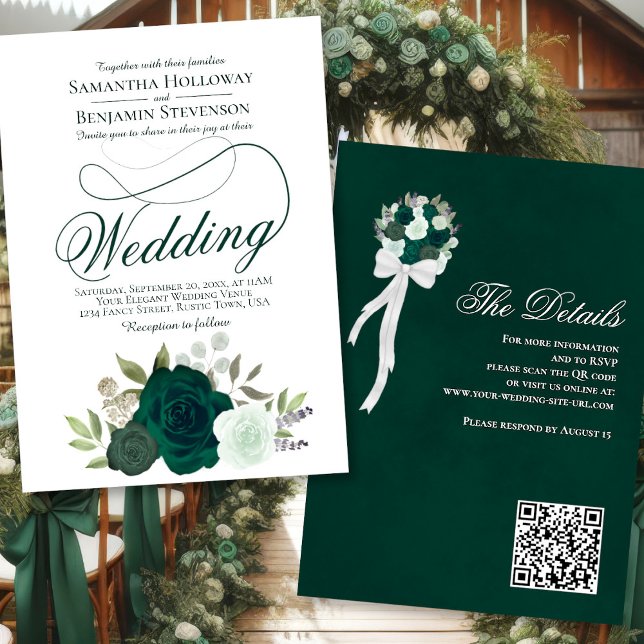 Elegant Emerald Green Roses Floral QR Code Wedding Invitation (Front/Back)