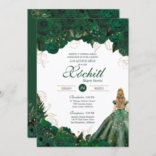 Elegant Emerald Green Roses Quince Anos Birthday I Invitation