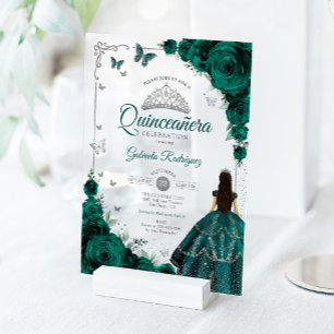 Elegant Emerald Green Roses Silver Quinceanera Acrylic Invitations