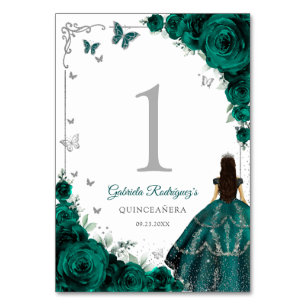 Elegant Emerald Green Roses Silver Quinceanera Table Number