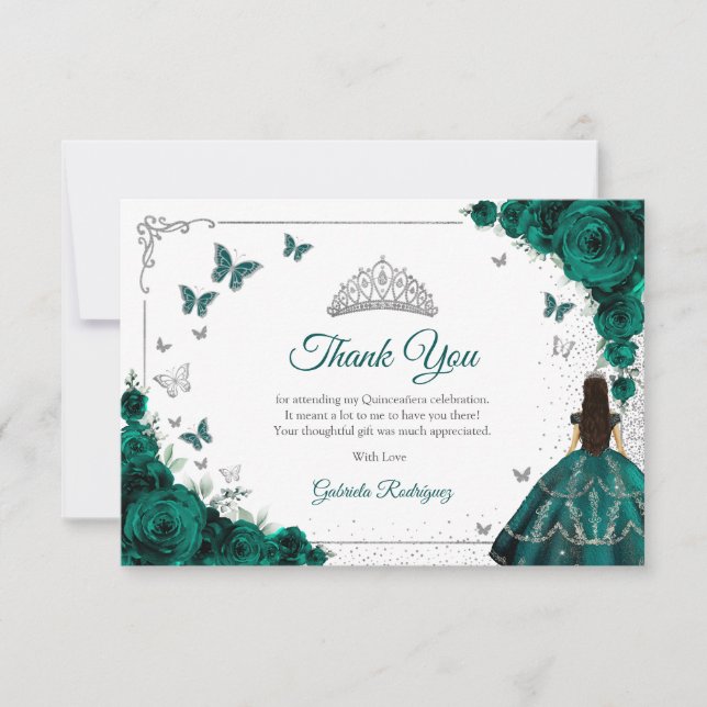 Elegant Emerald Green Roses Silver Quinceanera Thank You Card (Front)