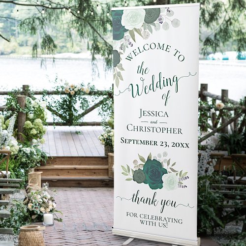 Elegant Emerald Green Roses Wedding Welcome Retractable Banner