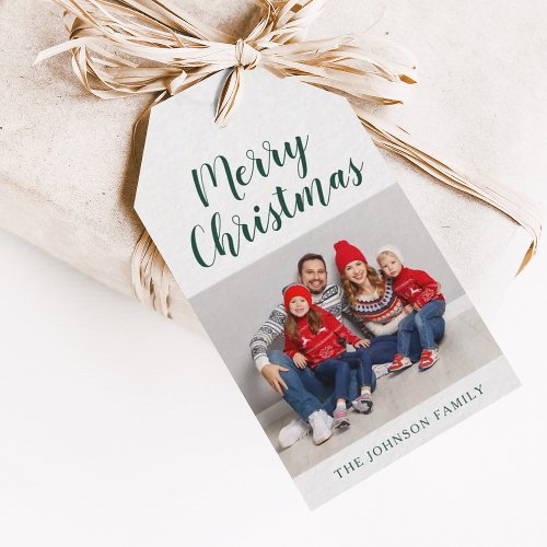 Elegant Emerald Green Script Christmas Photo Gift Tags