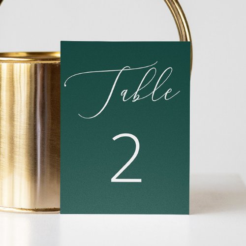 Elegant emerald green script minimalist wedding table number