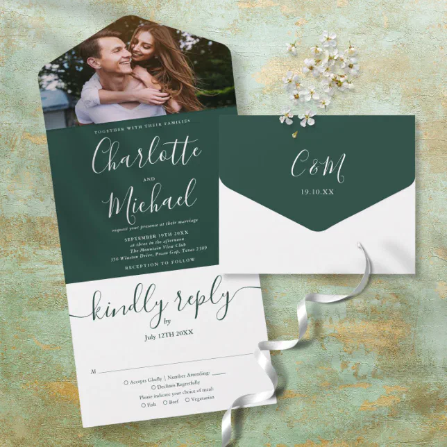 Elegant Emerald Green Script Photo Wedding All In One Invitation 