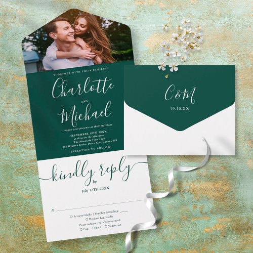 Elegant Emerald Green Script Photo Wedding All In One Invitation