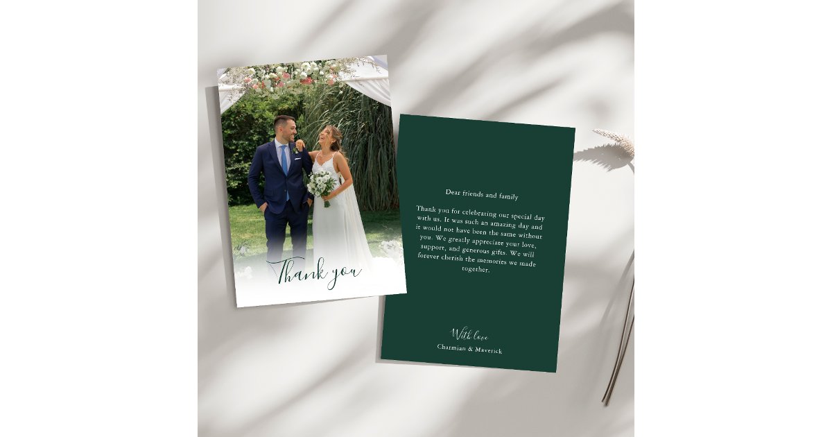 Elegant Emerald Green Script Photo Wedding Thank You Card | Zazzle