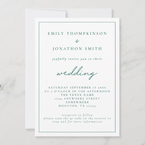  Elegant Emerald Green Script QR Code Wedding  Invitation