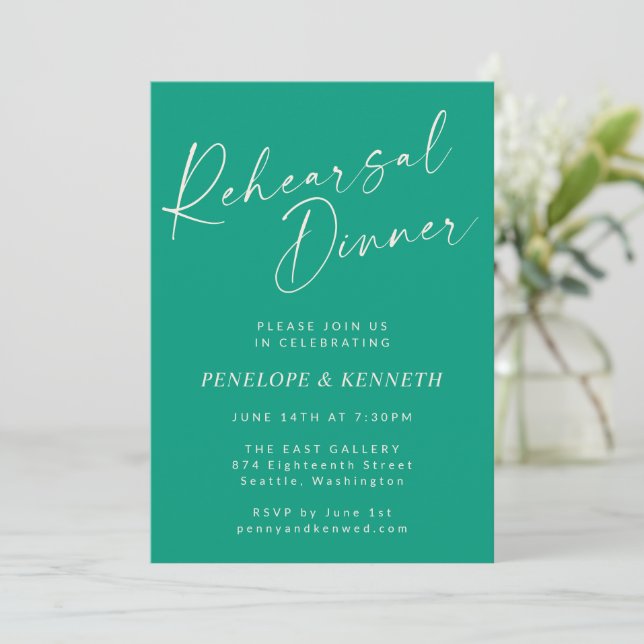 Elegant Emerald Green Script Rehearsal Dinner Invitation (Standing Front)