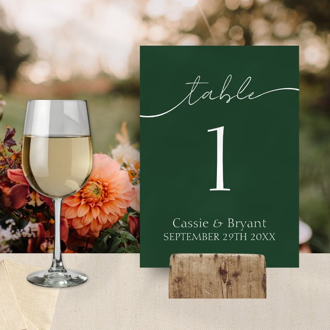 Elegant Emerald Green Script Wedding Table Number (Romantic Hunter Green Wedding Table Sign Cards)