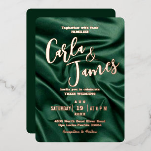 Elegant Emerald Green silk gold modern wedding Foil Invitation