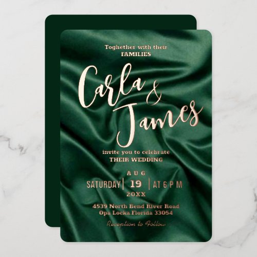 Elegant Emerald Green silk gold modern wedding Foil Invitation