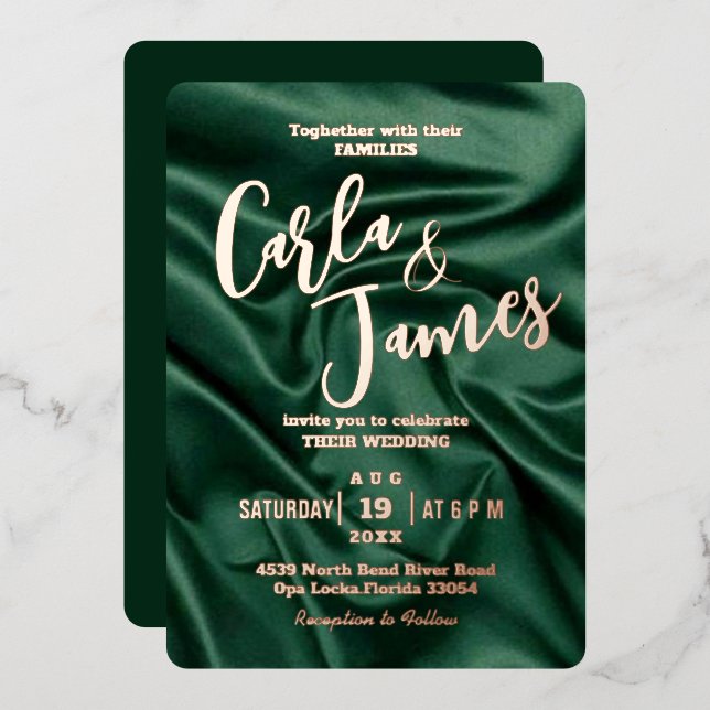 Elegant Emerald Green silk gold modern wedding Foil Invitation (Front/Back)