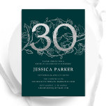 Elegant Emerald Green Silver 30th Birthday Invitation<br><div class="desc">Elegant emerald green silver 30th birthday party invitation. Customizable modern feminine design featuring roses botanical accents and faux glitter silver. Simple floral invite card perfect for a stylish female bday celebration. Personalize with your own details. Printed Zazzle invitations or instant download digital printable template.</div>