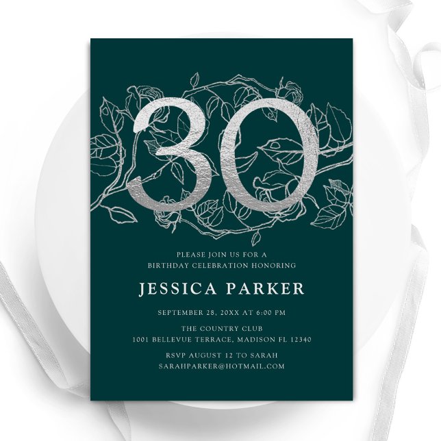 Elegant Emerald Green Silver 30th Birthday Invitation (Creator Uploaded)