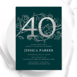 Elegant Emerald Green Silver 40th Birthday Invitation<br><div class="desc">Elegant emerald green silver 40th birthday party invitation. Customizable modern feminine design featuring roses botanical accents and faux glitter silver. Simple floral invite card perfect for a stylish female bday celebration. Personalize with your own details. Printed Zazzle invitations or instant download digital printable template.</div>