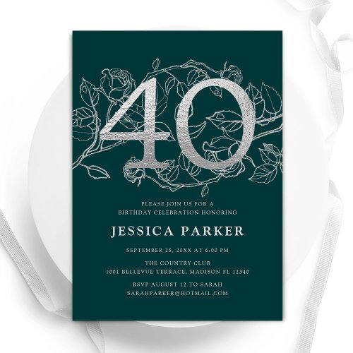 Elegant Emerald Green Silver 40th Birthday Invitation