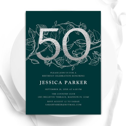 Elegant Emerald Green Silver 50th Birthday Invitation