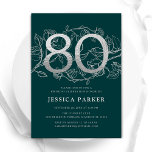 Elegant Emerald Green Silver 80th Birthday Invitation<br><div class="desc">Elegant emerald green silver 80th birthday party invitation. Customizable modern feminine design featuring roses botanical accents and faux glitter silver. Simple floral invite card perfect for a stylish female bday celebration. Personalize with your own details. Printed Zazzle invitations or instant download digital printable template.</div>