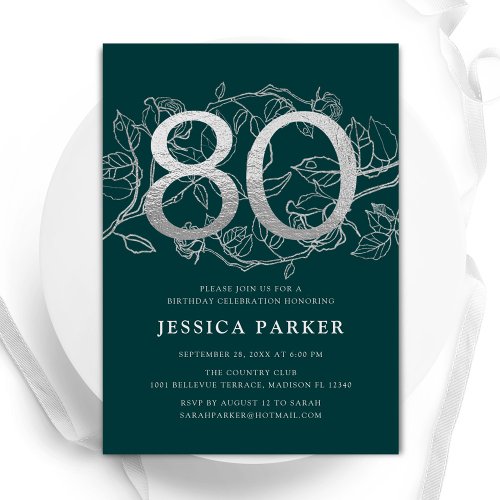 Elegant Emerald Green Silver 80th Birthday Invitation