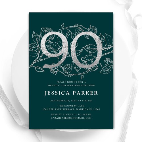 Elegant Emerald Green Silver 90th Birthday Invitation