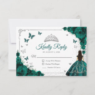 Elegant Emerald Green Silver Quinceanera Reply RSVP Card