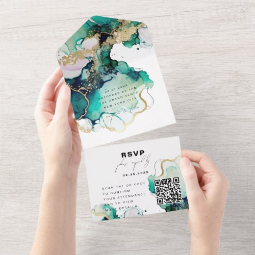 Elegant Emerald Green Simple Wedding QR Code RSVP All In One Invitation
