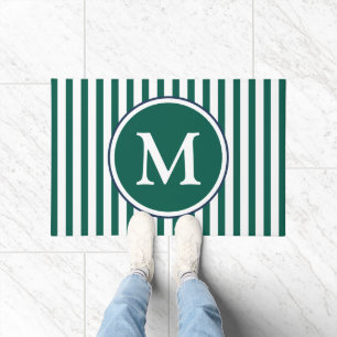 Elegant Emerald Green Stripes Monogram Doormat