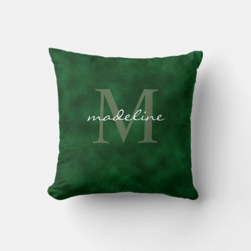 Elegant Emerald Green Velvet Script Monogram Throw Pillow