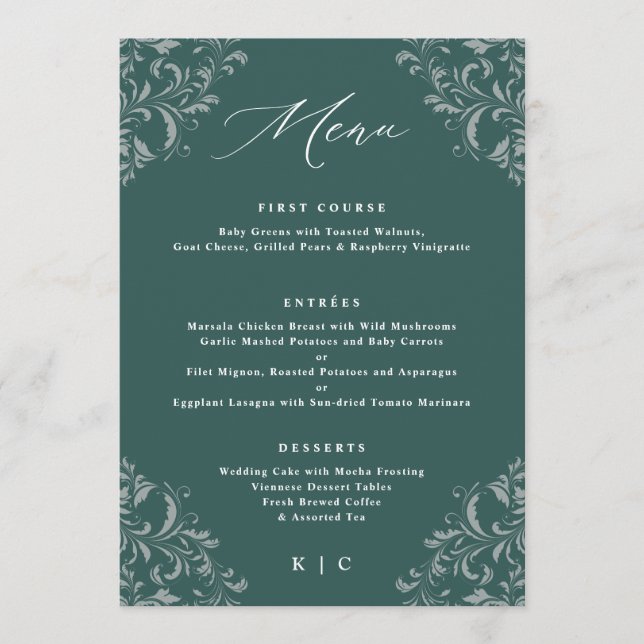 Elegant Emerald Green Vintage Wedding Menus (Front)