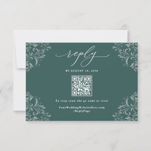 Elegant Emerald Green Vintage Wedding QR Code RSVP Card