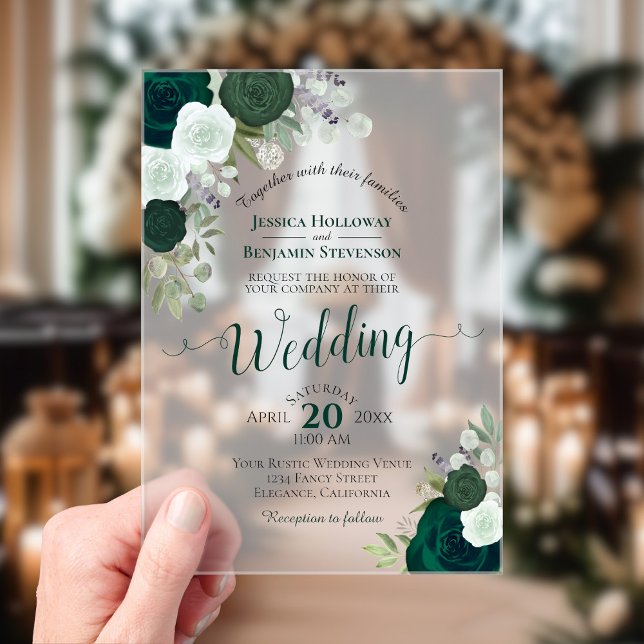 Elegant Emerald Green Watercolor Roses Wedding Acrylic Invitations (Frosted with Rectangle Cut)