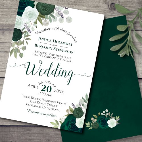 Elegant Emerald Green Watercolor Roses Wedding Invitation