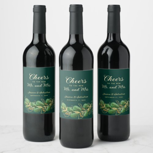 Elegant Emerald Green Wedding Cheers to Mr and Mrs Wine Label
