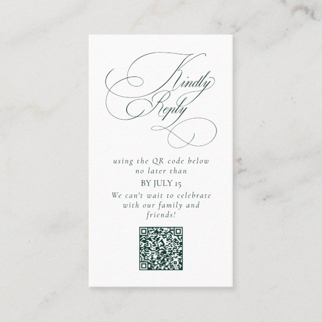 Elegant Emerald Green Wedding QR Code Please Reply Business Card (Front)