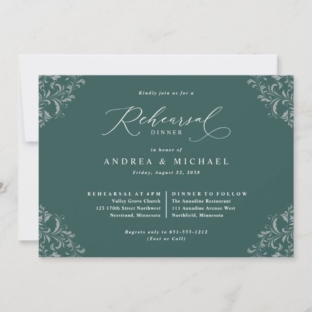 Elegant Emerald Green Wedding Rehearsal Dinner Invitation (Front)