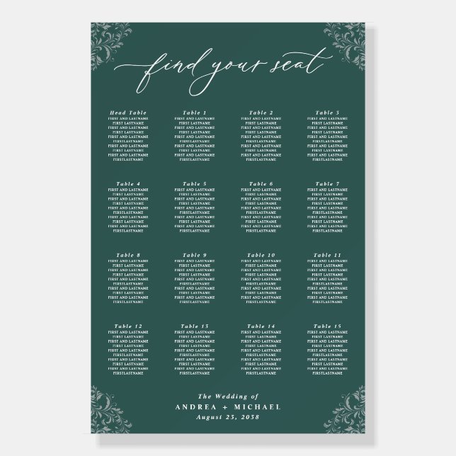 Elegant Emerald Green Wedding Seating Chart 24x36 Foam Board (Front)