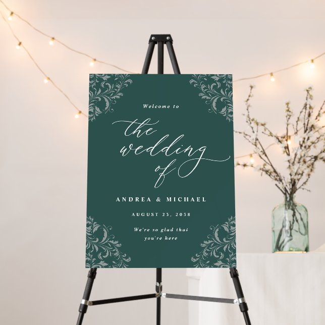 Elegant Emerald Green Wedding Welcome Sign Vintage (In Situ (Stand))