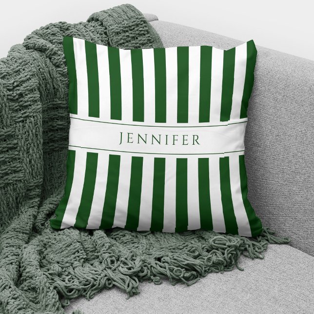 Elegant Emerald Green & White Stripes Pattern Name Throw Pillow (Creator Uploaded)