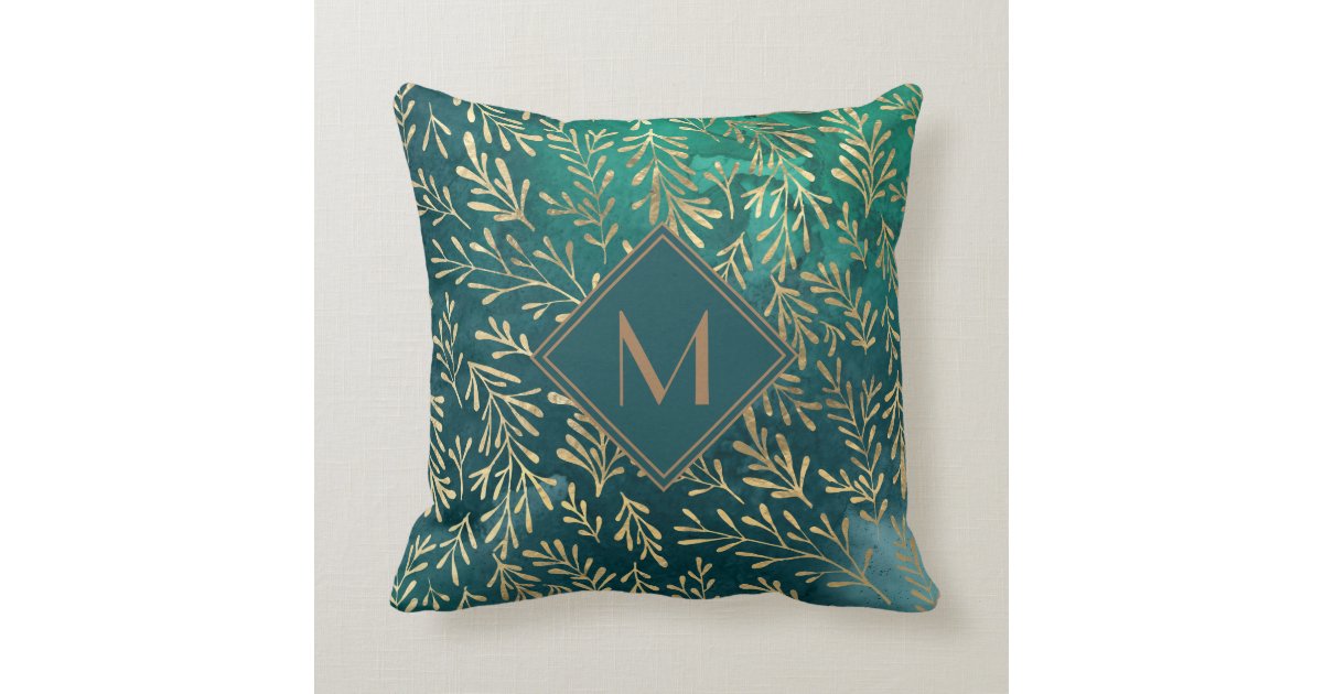 Elegant Emerald Green with Gold Leaves Monogram Throw Pillow