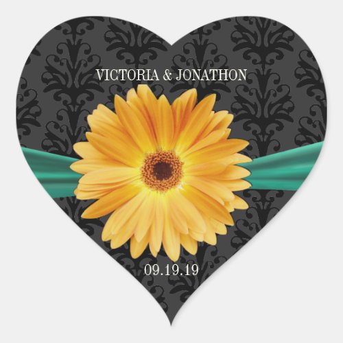 Elegant Emerald Green Yellow Gerber Daisy Wedding Heart Sticker