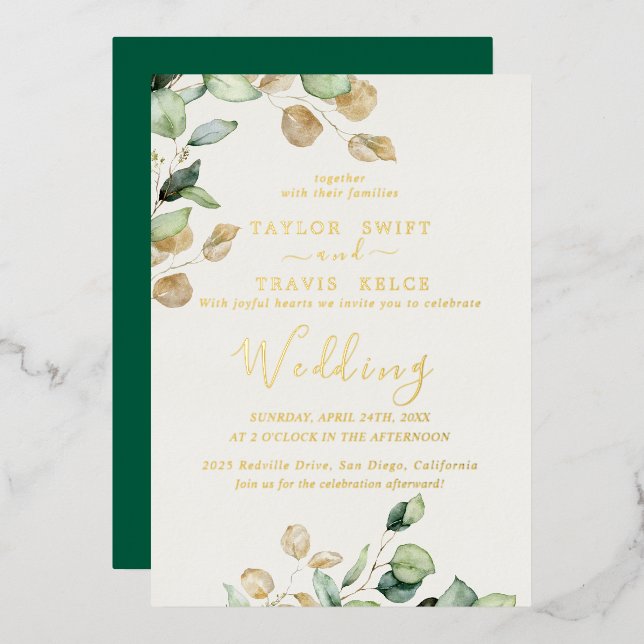 Elegant Emerald Greenery | Gold Foil Wedding  Invitation (Front/Back)