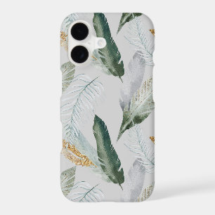 Elegant Emerald & Grey Watercolor Feathers iPhone 17 Case